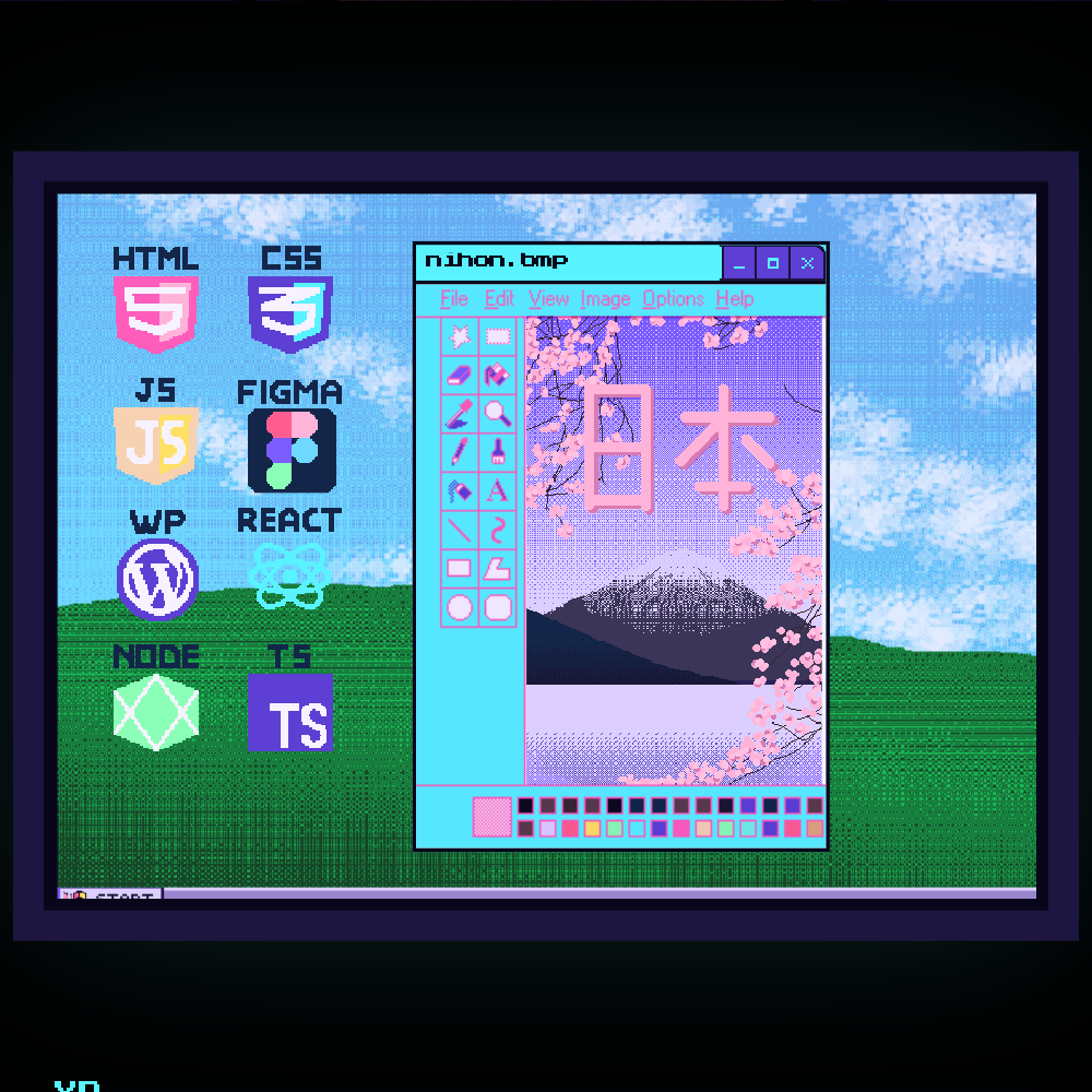 bylx.dev: the pixel-art desk, with the Win98 window open on a Paint file and the stack icons beside it.