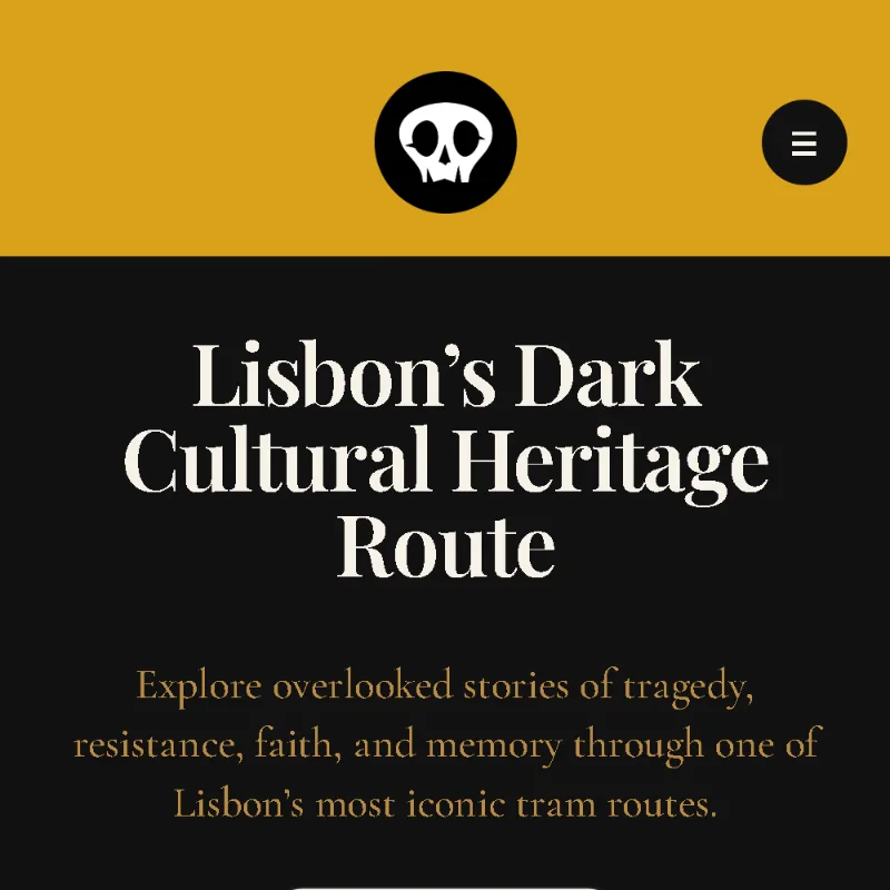dark28.pt: the route's home page, a skull mark on ochre above a dark hero — “Lisbon's Dark Cultural Heritage Route”.
