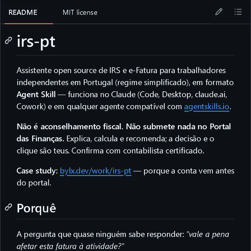 The irs-pt README on GitHub, opening with what the skill is and what it explicitly does not do.
