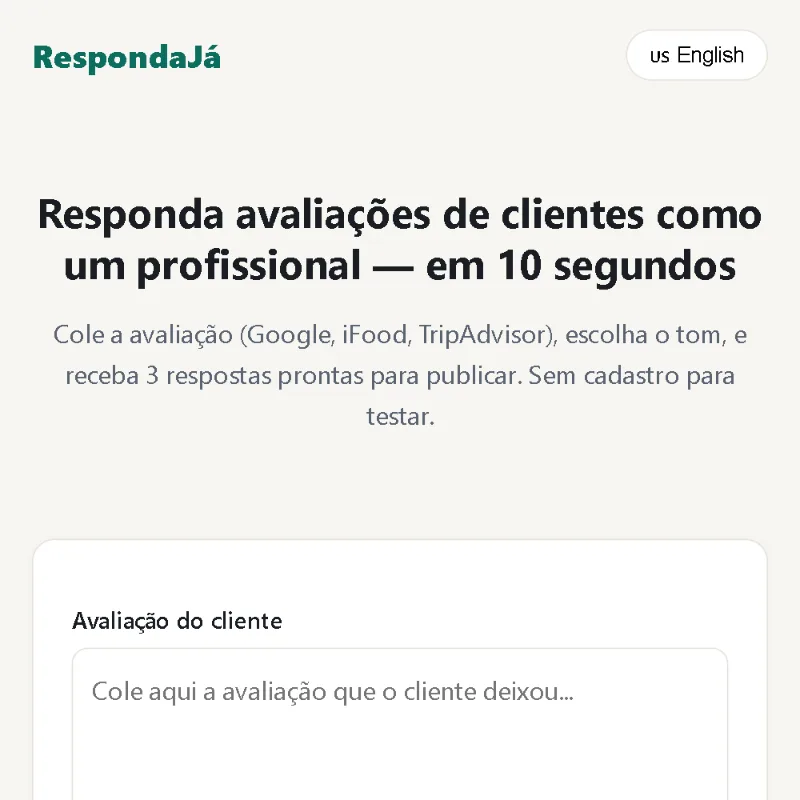 respondaja.click: paste the review, pick a tone, get three replies — the form above the fold, no sign-up.